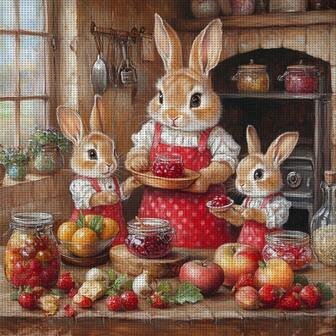 JOZYSH 1PC Unframed 40 * 40cm/15.7 * 15.7 Inches, The Rabbit In The Kitchen, 11CT/14CT Printed Cross Stitch DIY Kit, Easy DIY Cross Stitch Kit For Adults And Beginners, Great For Bedroom And Living Room Wall Decoration, Gift Includes Printed Canvas, Needle, Thread, Drawings And Instructions.