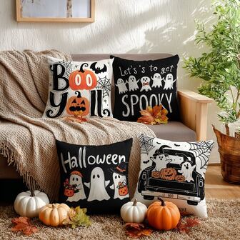 4 st/set Halloween spöke örngott, Halloween dekorativa örngott, Halloweendekor, mjukt och plyschigt material - 45 cm x 45 cm - Halloween heminredning - mysig, säsongsbetonad Thanksgiving heminredning inomhus utomhus festtillbehör, hållbar, andningsbar (utan kuddinlägg)