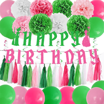 Pink And Green Birthday Party Decorations Birthday Banner Balloons Paper Pom Poms Paper Tassel Hanging Swirl For Wicked Party Decorations, Encanto Brthday Party Decorations, Wedding Decor, Bridal Shower Favors, Gender Reveal Party Supplies, Holiday Party Supplies, Anniversary Decorations, 70th Birthday Decorations, 18th Birthday Decorations, Halloween Thanksgiving Christmas Decoration