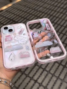 粉色DIY树脂贴纸插画透明手机壳，兼容 11、12、13、14、15、16、Pro Max，多巴胺二合一手机壳 - 粉色 - 查看 2