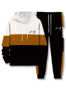 Men's Color-Matched Print Double-Layer Suit: Cap-Wearing Long-Sleeved Sports Shirt And Sports Pants; Casual Sports Wear, Outdoor Wear, Parties, Gatherings, Street Wear, Gifts, Festivals, Cap-Wearing Sports Shirt Sets, Fitness, Basketball, Hooded Sweatshirt, Sports Pants, Suits, Winter, Spring, Autumn - Màu sắc hỗn hợp - Xem 2