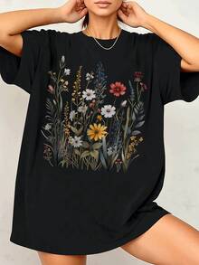 Elegante camiseta de mujer con estampado floral vibrante, camiseta informal de manga corta con cuello redondo, elegante diseño gráfico para uso diario, cómoda y de moda. - Negro - Ver 3