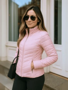 Chamarra Acolchada Entallada, Estilo Elegante Urbano, Ligera y Térmica para Mujer, Bolsillos con Cremallera, Cardigan Lateral - rosa - Ver 1
