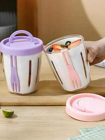 1 pieza Recipiente 2 en 1 para Fruta y Ensalada - Portátil, a prueba de derrames, con tenedor y drenaje incorporados, taza a prueba de fugas para ensalada de frutas, recipiente con colador sellado y tapa para el trabajo, la escuela, el campamento al aire libre, la cocina.