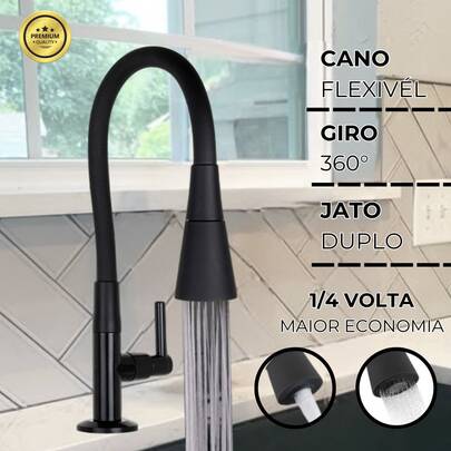 Torneira Preta Goumert Flexível Bancada Pia Cozinha Gira 360°