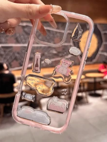 粉色DIY树脂贴纸插画透明手机壳，兼容 11、12、13、14、15、16、Pro Max，多巴胺二合一手机壳 - 粉色 - 查看 4