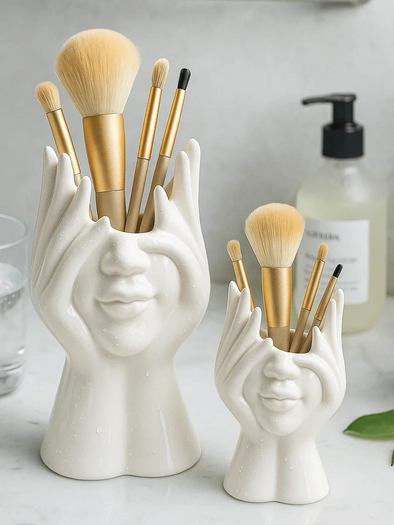 1pc Large Or Medium Hands Face Makeup Brush Holder, Vanity Organizer For Bathroom Countertop, Cosmetic Brush Storage Jar, Sculptural Makeup Organizer Cup, Minimalist Brush Stand For Bathroom, Bedroom, Dressing Table, Gift Idea - White - View 1