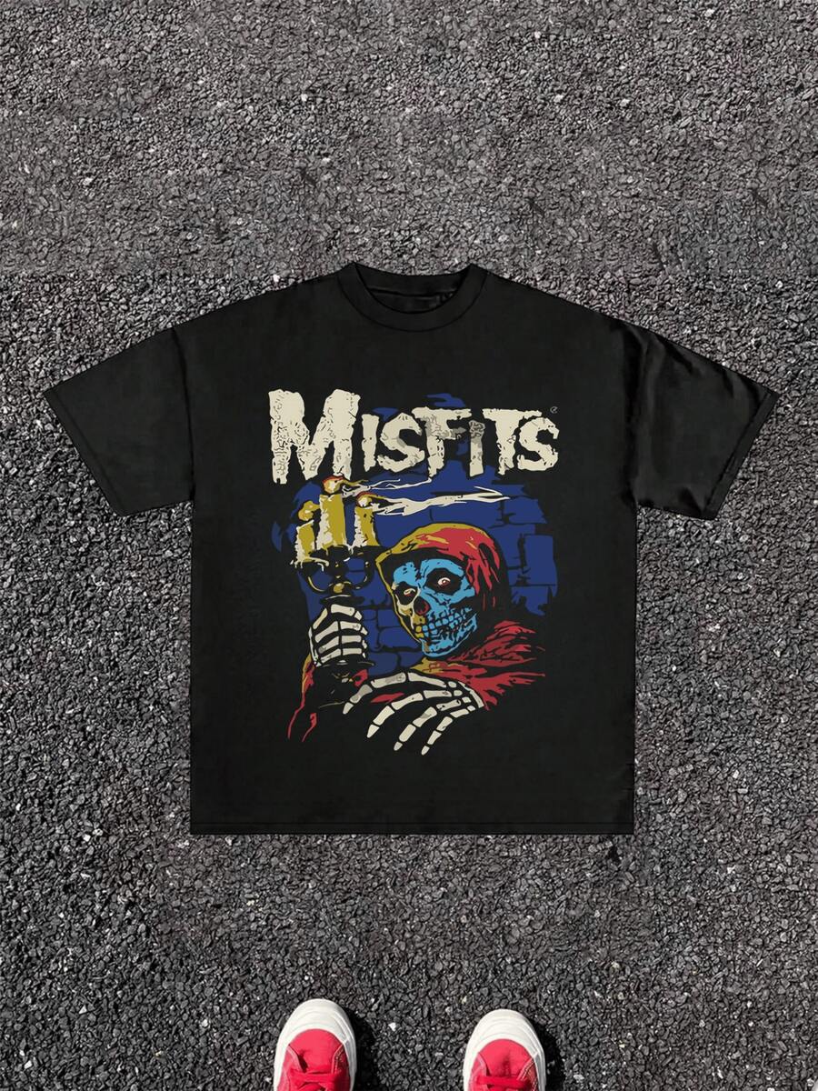 Misfits Skull Graphic Print 220g Tee 1pcs Men's Casual Gothic TShirt Skeleton Hand Design - 黑色 - 查看 1