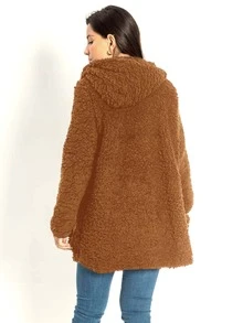 Women's Fur Coat Teddy Overcoat With Hood And Pockets Long Sleeve Fashion Super Shipping!! - Màu Cam cháy - Xem 2