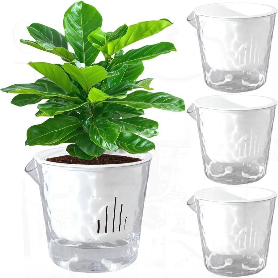 4 Inch Glacier-Textured Self Watering Garden Pots, 4 Pack Clear Plastic Planters, Water Filling Spout, Inner Pot For Indoor Plants (White), African Violets, Herbs, Succulents - 白色 - 查看 1