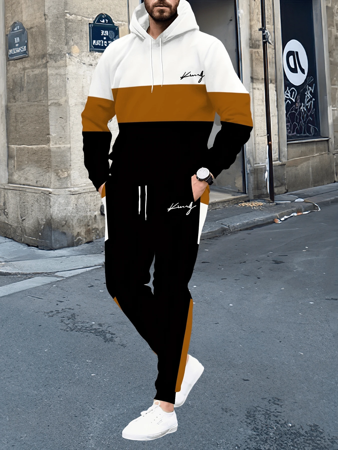 Men's Color-Matched Print Double-Layer Suit: Cap-Wearing Long-Sleeved Sports Shirt And Sports Pants; Casual Sports Wear, Outdoor Wear, Parties, Gatherings, Street Wear, Gifts, Festivals, Cap-Wearing Sports Shirt Sets, Fitness, Basketball, Hooded Sweatshirt, Sports Pants, Suits, Winter, Spring, Autumn - Màu sắc hỗn hợp - Xem 1