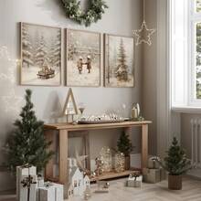 YIKES 1/3pcs Christmas Tree Retro Forest Pine Tree Snow Scenery Mural, Christmas Countryside Scenery Oil Painting Print, Neutral Canvas Poster, Christmas Decoration, Bedroom, Living Room, Corridor, Fireplace Mural, Home And Room Decoration Artwork, Perfect Gift Home Decor Christmas Decorations - Multicolor - View 1