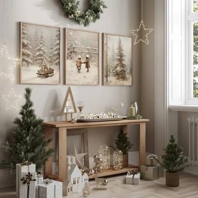 YIKES 1/3pcs Christmas Tree Retro Forest Pine Tree Snow Scenery Mural, Christmas Countryside Scenery Oil Painting Print, Neutral Canvas Poster, Christmas Decoration, Bedroom, Living Room, Corridor, Fireplace Mural, Home And Room Decoration Artwork, Perfect Gift Home Decor Christmas Decorations