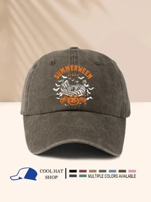 Halloween Series Washed Baseball Cap With SUMMERWEEN Skeleton, Bat, Pumpkin Print, Festive Halloween Carnival Atmosphere - Washed Cap - View 11