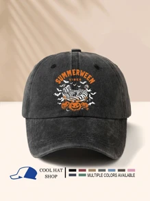 Halloween Series Washed Baseball Cap With SUMMERWEEN Skeleton, Bat, Pumpkin Print, Festive Halloween Carnival Atmosphere - Washed Cap - View 1