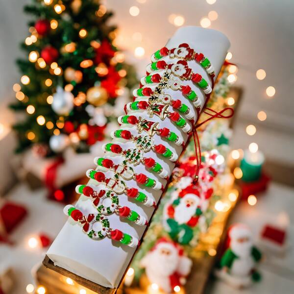Juego de regalo de Navidad 2026 de 12 piezas, pulsera de cuerda roja tejida con dije de Papá Noel y muñeco de nieve, accesorios unisex para familia y amigos