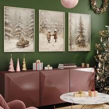 YIKES 1/3pcs Christmas Tree Retro Forest Pine Tree Snow Scenery Mural, Christmas Countryside Scenery Oil Painting Print, Neutral Canvas Poster, Christmas Decoration, Bedroom, Living Room, Corridor, Fireplace Mural, Home And Room Decoration Artwork, Perfect Gift Home Decor Christmas Decorations - Multicolor - View 2