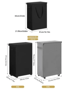 45L/60L/65L 可折叠洗衣篮带盖带轮 - 纤薄便携式脏衣篮，休闲风格带手柄，矩形收纳篮适用于各种房间类型