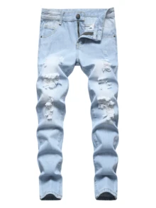 Tween Boys' Distressed Casual Jeans,Fashion Skinny  Classic High-Quality Denim Pants With Pockets For Party And Street Wear,Soft Comfortable Straight Leg Long Pants For Teens,Perfect For Outdoor,To 8-16 Year Old Size,Hip-Hop Skateboard Pants - 藍色 - 查看 1