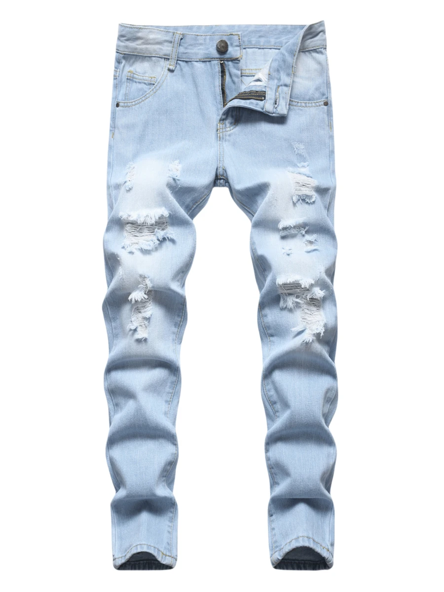 Tween Boys' Distressed Casual Jeans,Fashion Skinny  Classic High-Quality Denim Pants With Pockets For Party And Street Wear,Soft Comfortable Straight Leg Long Pants For Teens,Perfect For Outdoor,To 8-16 Year Old Size,Hip-Hop Skateboard Pants - 藍色 - 查看 1