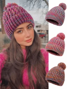 1pc Colorful Stylish Women's Knitted Beanie Hat, Multi-Color Options, Fashionable & Warm, Suitable For Daily Use And Christmas - Colorful Single Ball Knitted Hat - View 11