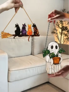 1-Piece Cute Ghost & Plant Acrylic Halloween Window Decoration, Spooky Haunted House Vibe – With 4 Random Cat Lanyards & Chains For Easy Hanging, For Halloween Party & Haunted House Decor