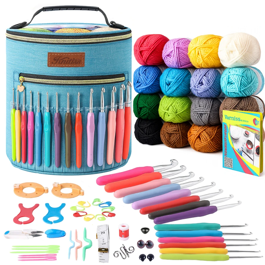 Crochet Kits For Beginners Adults, Crochet Starter Kit With Ergonomic Crochet Hooks Set 2-10mm, 16 Colour Crochet Yarns, Travel Crochet Kit Compact & Portable, Large Knitting Bag Yarn Storage - 霧霾藍 - 查看 1