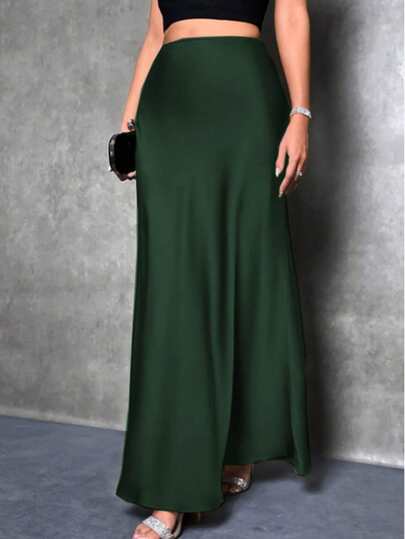 Solid Color High Waist Elegant Charmeuse Satin Skirt, Women Plus Size Midi Skirt, Suitable For Spring, Summer, Autumn