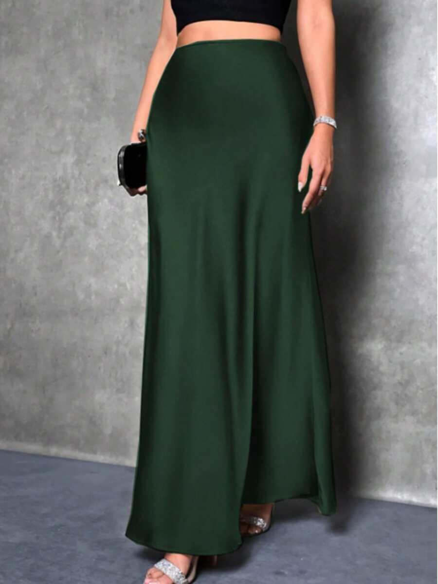 Solid Color High Waist Elegant Charmeuse Satin Skirt, Women Plus Size Midi Skirt, Suitable For Spring, Summer, Autumn