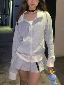 Chaqueta gris informal y ligera con parches para mujer, para principios de otoño