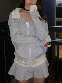 Chaqueta gris informal y ligera con parches para mujer, para principios de otoño