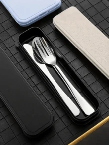 4pcs Portable Stainless Steel Cutlery Set, Including Spoon, Fork, Knife, Suitable For Picnic, Work, Camping, School Travel, With Black Storage Box, Dishwasher - Black - View 2