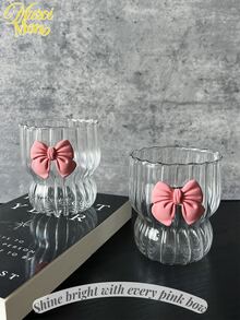 <Tỏa sáng rực rỡ với từng chiếc nơ hồng>, Cốc sọc trang trí nơ trong suốt 300ml, thích hợp để uống nước và cà phê hàng ngày - Nhiều màu - Xem 1