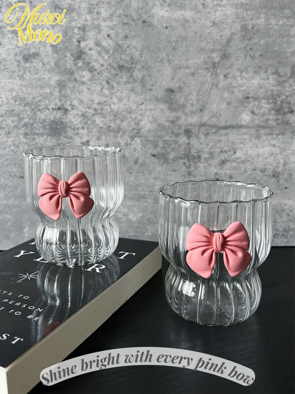 <Strălucește puternic cu fiecare fundă roz>, cană cu dungi, 300 ml, transparentă, cu decor de fundă, potrivită pentru consumul zilnic de apă și cafea