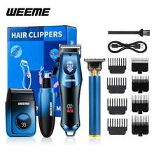 WEEME 四合一男士电动理容套装，包含鼻毛修剪器、电动剃须刀和雕刻修剪器，无线 USB 充电式设计，内置锂电池，配备多种理容配件，蓝色渐变设计，是男士的理想礼物。