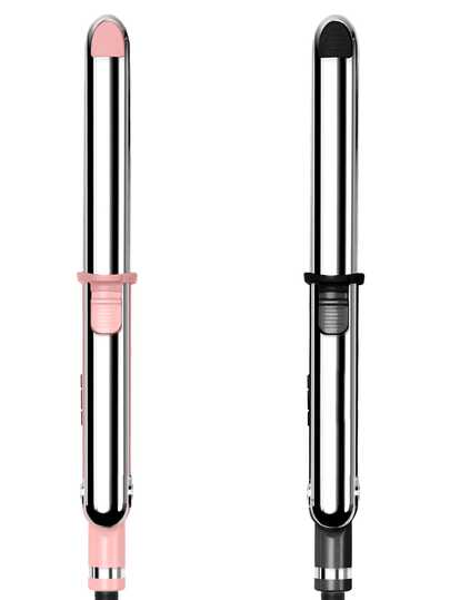 UKLISS Alisador y rizador de cabello profesional de titanio 2 en 1 - Placas de cerámica de alto brillo, calentamiento rápido en 30 s, voltaje dual 110-240 V para viajes, herramienta de peluquería de grado salón para cabello liso y rizado voluminoso