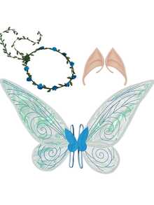 1 套仙女蝴蝶翅膀、皇冠花环、精灵耳朵 3 件服装道具，适用于节日派对、万圣节表演装扮