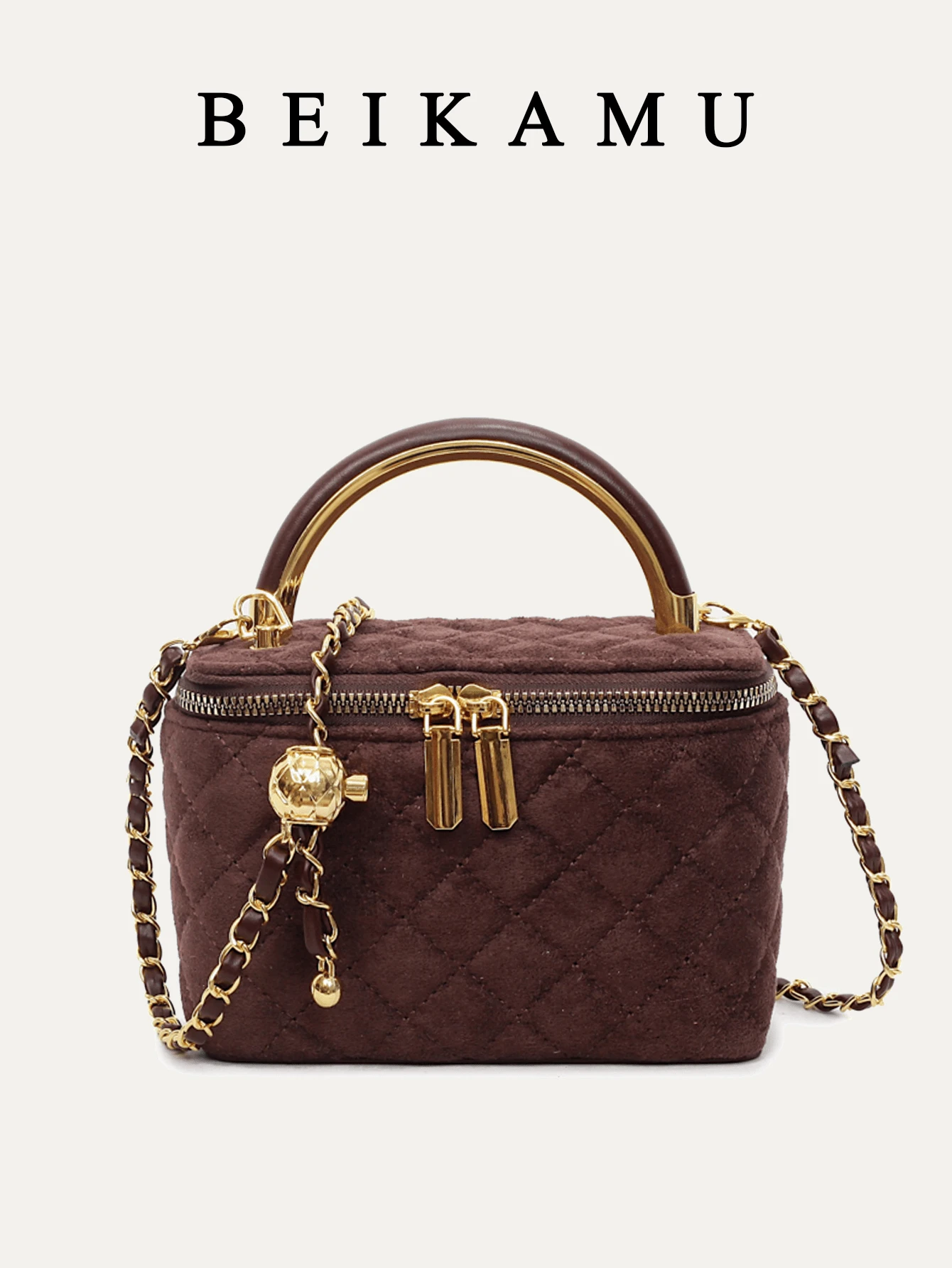 1 件 BEIKAMU 极简设计菱形图案手提包、化妆零钱包、优雅链条单肩斜挎包 - 咖啡 - 查看 1