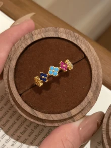 1pc Elegant Sparkling S925 Sterling Silver Four-Leaf Clover Petal Ring, Inlaid With Cubic Zirconia, Colorful Shiny Luxurious Jewelry Gift For Women