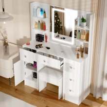 Tocador con taburete y luz LED ajustable, espejo y cajón - Perfect For Organizing Makeup, Skincare, Elegant Vanity|Decorative Vanity, Vanity Furniture, Compact For Small Space, Bedroom Decor Gift, Perfect Gift For Women Girls , Ideal para regalos de Navidad y Halloween. - Blanco - Ver 4