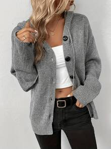 Cardigan con cappuccio lavorato a maglia di colore unito da donna, adatto per casual, quotidiano, appuntamenti, casa, ufficio, feste, vacanze, autunno/inverno - Grigio Scuro - Visualizzare 1