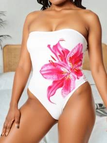 Slaydiva Traje de baño de una pieza con estampado de lirio, de tiras desmontables, para mujer de talla grande, estilo vacacional
