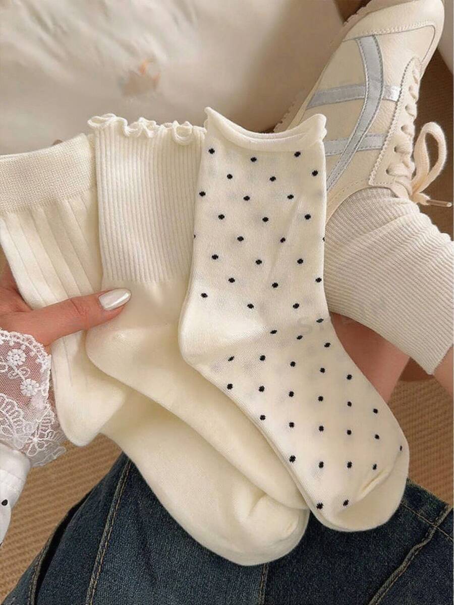 4 Pairs Women's Cute Polka Dot&Ruffles Comfortable Casual Crew Mid Calf Socks, White Socks, Colors Random, Suitable For Daily Use, For Spring&Summer