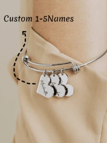 Gold Round Personalized Stainless Steel Family Name Bracelet - Can Engrave 1-5 Round Names, Customized Birthday And Anniversary Gift, Suitable For Women - 1 Black Gift Box - Holiday Jewelry Adjustable Bracelet, Customizable Name, Fashionable Personalized Holiday Gift, Couple Bracelet Gift, Style Fashionable, Vintage, Minimalist, Autumn Fashion, Casual, Suitable For Soccer Mom Customization, New Year Charm - Silver Heart - View 3