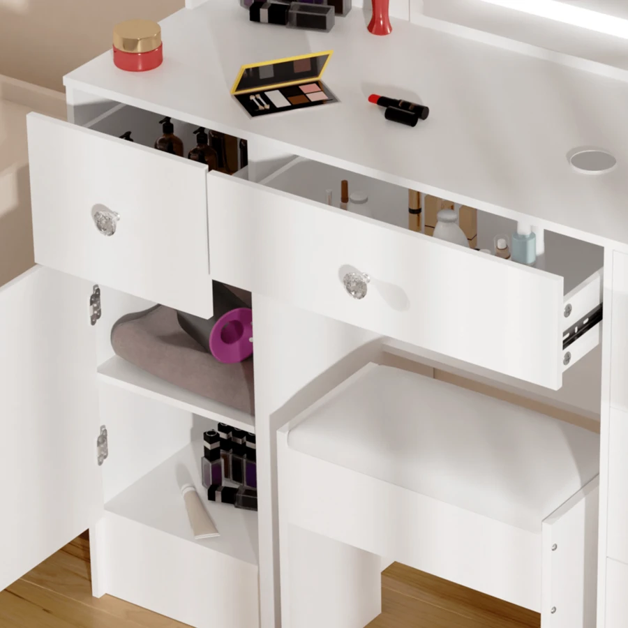 Tocador con taburete y luz LED ajustable, espejo y cajón - Perfect For Organizing Makeup, Skincare, Elegant Vanity|Decorative Vanity, Vanity Furniture, Compact For Small Space, Bedroom Decor Gift, Perfect Gift For Women Girls , Ideal para regalos de Navidad y Halloween. - Blanco - Ver 1
