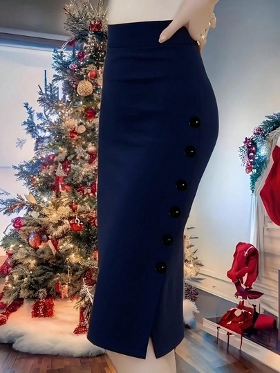 Elegant Side Button High Waist Pencil Skirt, Suitable For Christmas, Autumn/Winter
