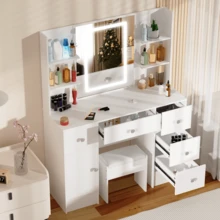 Tocador con taburete y luz LED ajustable, espejo y cajón - Perfect For Organizing Makeup, Skincare, Elegant Vanity|Decorative Vanity, Vanity Furniture, Compact For Small Space, Bedroom Decor Gift, Perfect Gift For Women Girls , Ideal para regalos de Navidad y Halloween. - Blanco - Ver 5