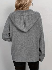Cardigan con cappuccio lavorato a maglia di colore unito da donna, adatto per casual, quotidiano, appuntamenti, casa, ufficio, feste, vacanze, autunno/inverno - Grigio Scuro - Visualizzare 2