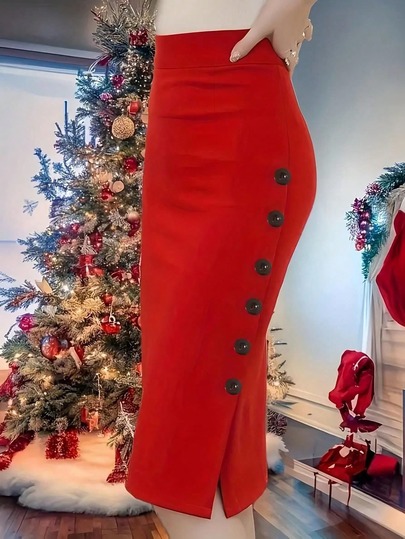 Jupe crayon taille haute avec boutons latéraux élégants, convient pour Noël, automne/hiver