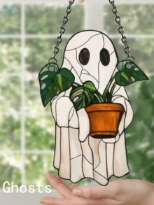 1-Piece Cute Ghost & Plant Acrylic Halloween Window Decoration, Spooky Haunted House Vibe – With 4 Random Cat Lanyards & Chains For Easy Hanging, For Halloween Party & Haunted House Decor